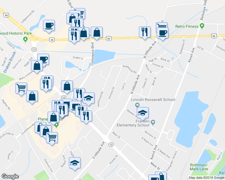 map of restaurants, bars, coffee shops, grocery stores, and more near 19 Horizon Drive in Roxbury Township