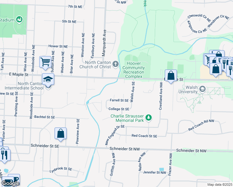map of restaurants, bars, coffee shops, grocery stores, and more near 163 Kandel Circle Southeast in North Canton