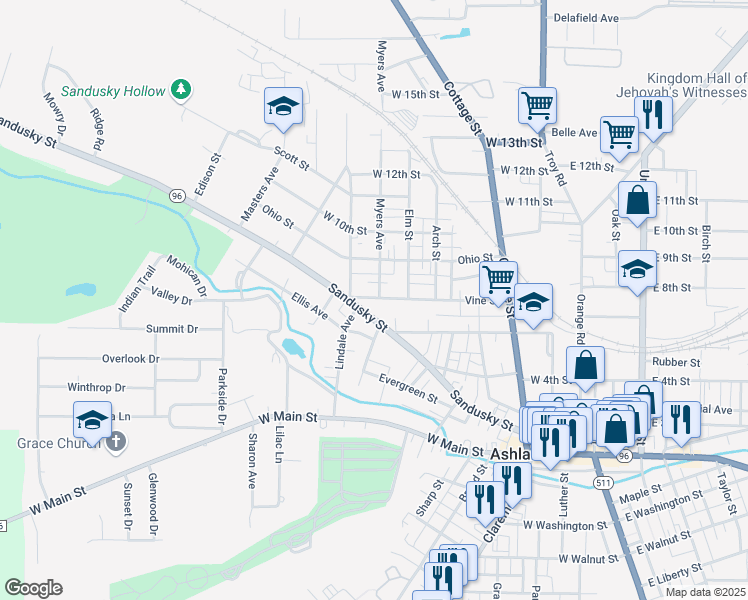 map of restaurants, bars, coffee shops, grocery stores, and more near 605 Vine St in Ashland
