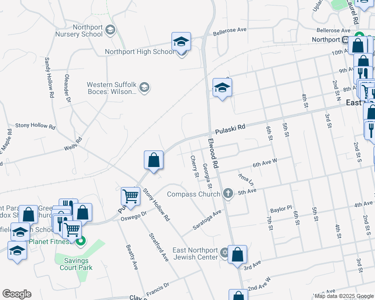 map of restaurants, bars, coffee shops, grocery stores, and more near 119 Franklin Avenue in East Northport