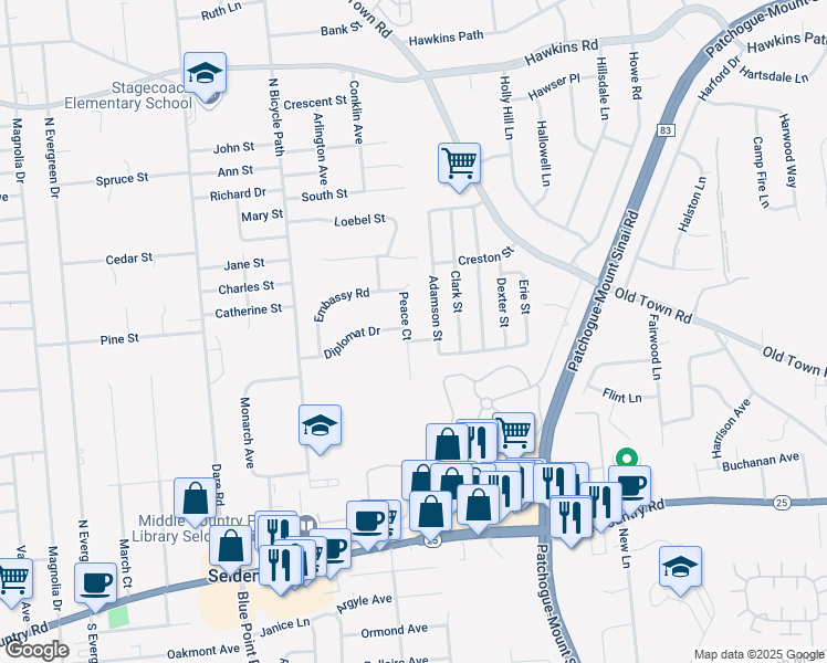 map of restaurants, bars, coffee shops, grocery stores, and more near 9 Peace Court in Selden