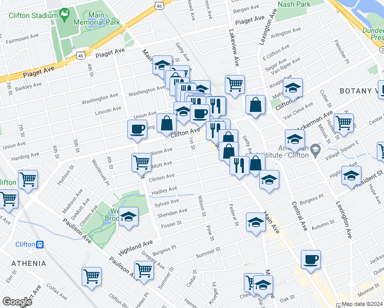 map of restaurants, bars, coffee shops, grocery stores, and more near 48 DeMott Avenue in Clifton