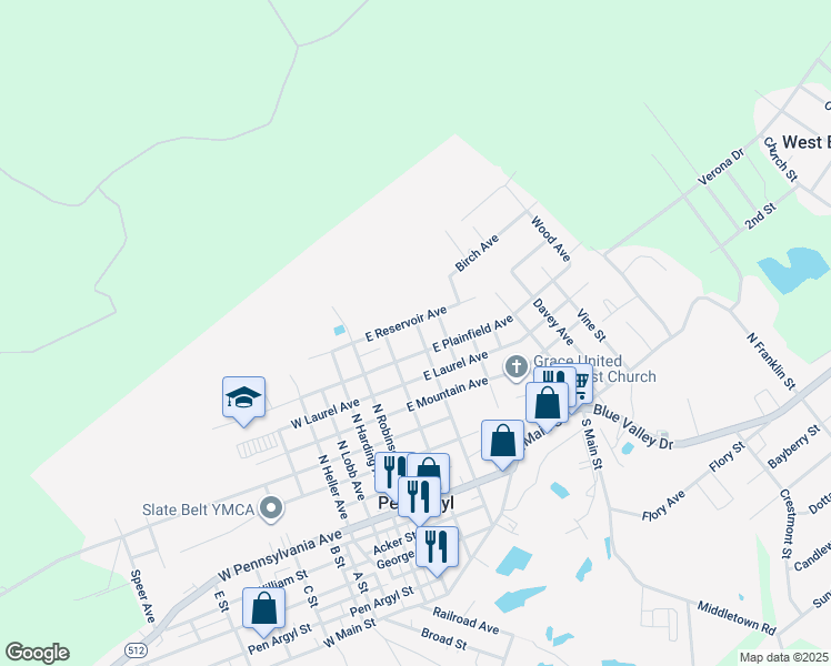 map of restaurants, bars, coffee shops, grocery stores, and more near 621 North Westbrook Avenue in Pen Argyl