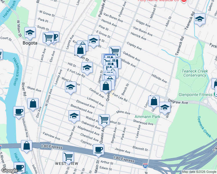 map of restaurants, bars, coffee shops, grocery stores, and more near 98 East Fort Lee Road in Bogota