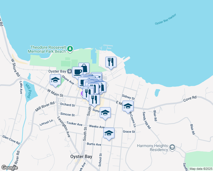 map of restaurants, bars, coffee shops, grocery stores, and more near 42 Elsie Avenue in Oyster Bay