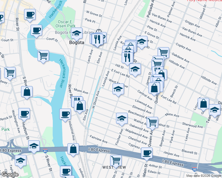 map of restaurants, bars, coffee shops, grocery stores, and more near 188 Summit Avenue in Bogota