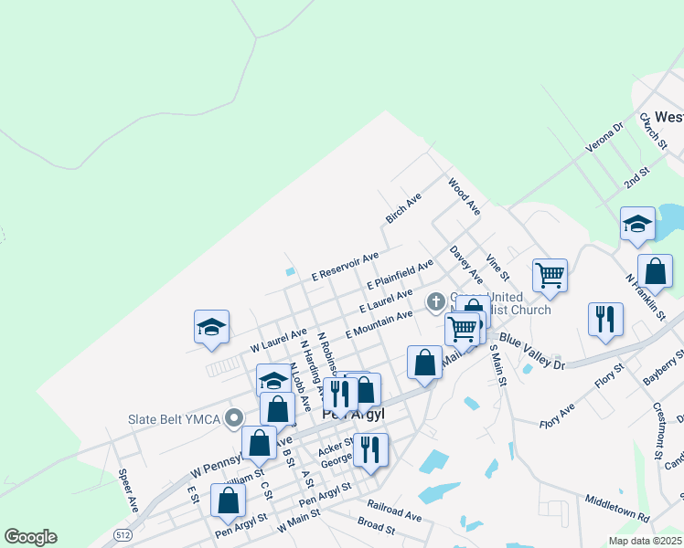 map of restaurants, bars, coffee shops, grocery stores, and more near 114 East Reservoir Avenue in Pen Argyl
