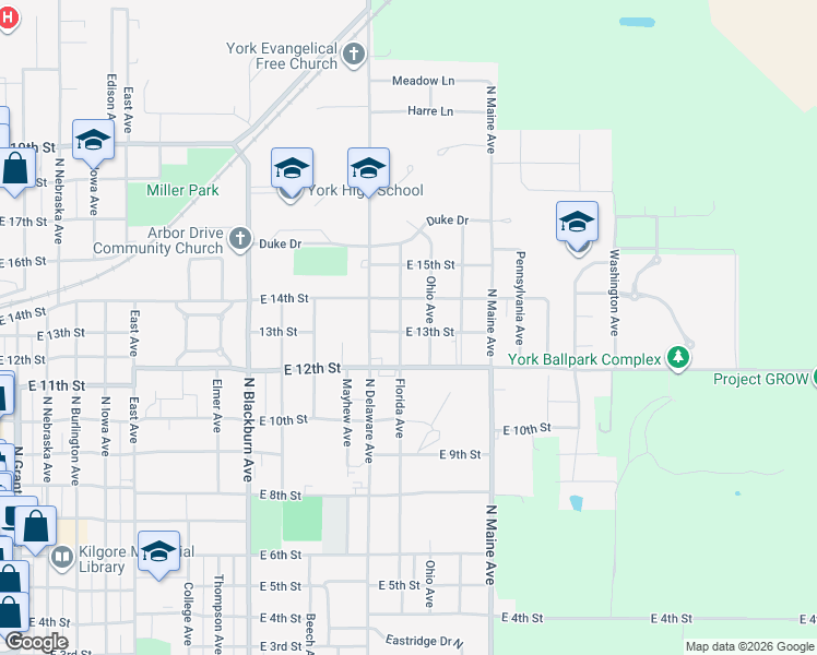 map of restaurants, bars, coffee shops, grocery stores, and more near 1304 Florida Avenue in York