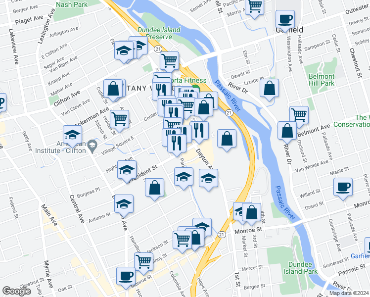 map of restaurants, bars, coffee shops, grocery stores, and more near 106 President Street in Passaic