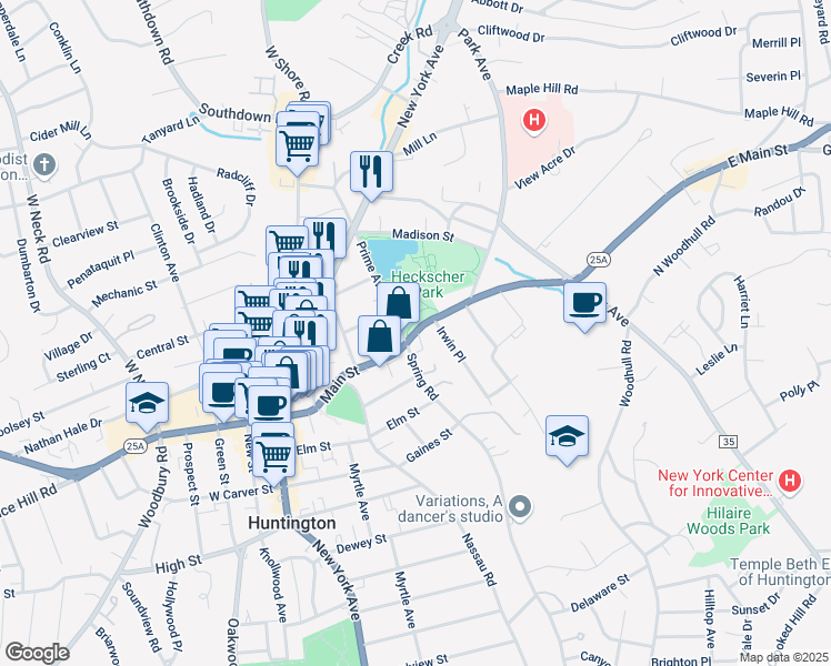 map of restaurants, bars, coffee shops, grocery stores, and more near 124 Main Street in Huntington