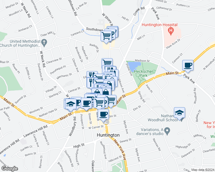 map of restaurants, bars, coffee shops, grocery stores, and more near in Huntington