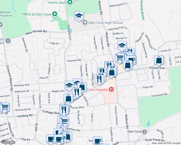 map of restaurants, bars, coffee shops, grocery stores, and more near 21 Phillips Road in Glen Cove
