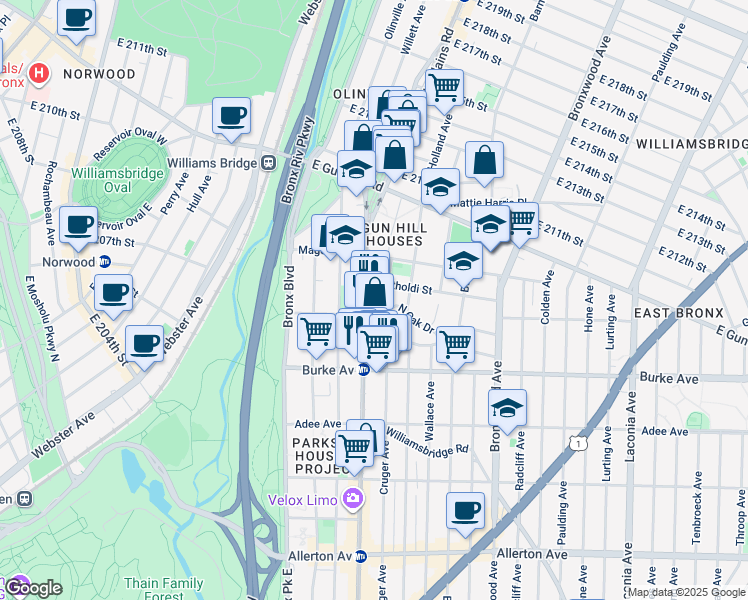 map of restaurants, bars, coffee shops, grocery stores, and more near 725 North Oak Drive in Bronx