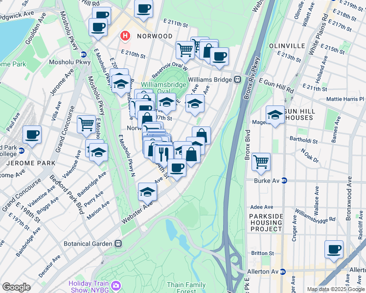 map of restaurants, bars, coffee shops, grocery stores, and more near in The Bronx