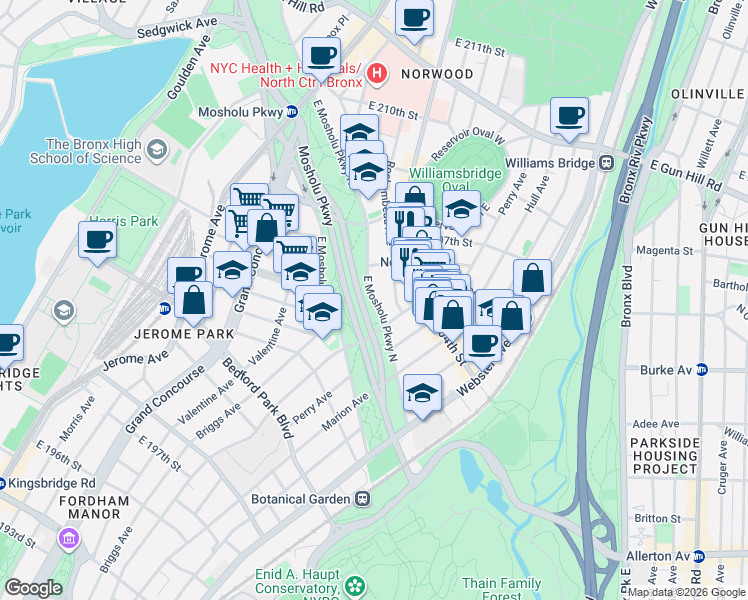 map of restaurants, bars, coffee shops, grocery stores, and more near in The Bronx