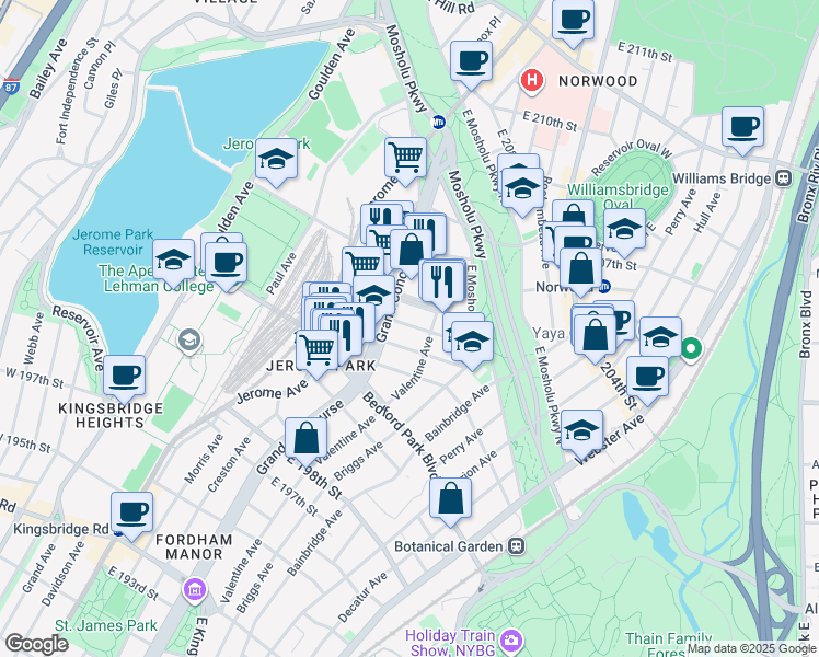 map of restaurants, bars, coffee shops, grocery stores, and more near 234 East 203rd Street in Bronx