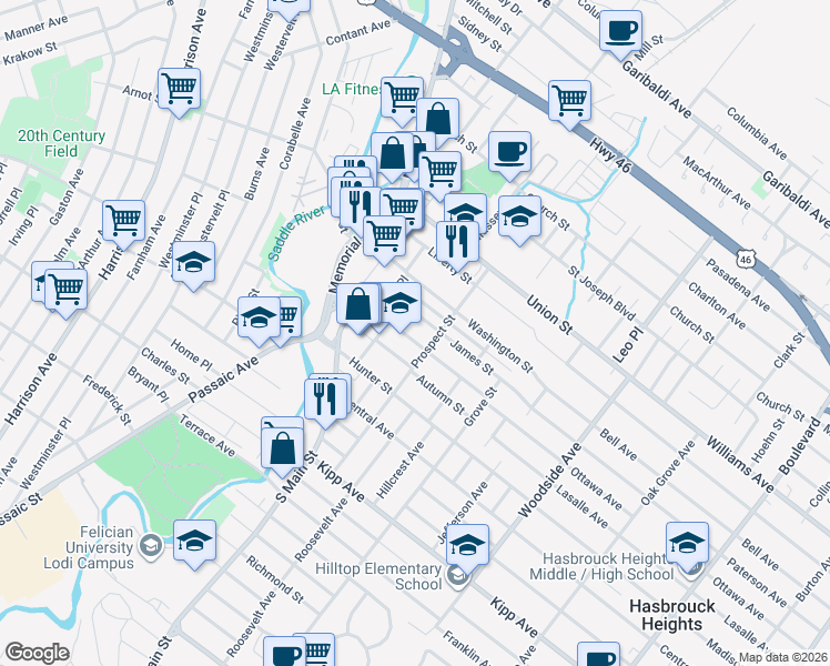 map of restaurants, bars, coffee shops, grocery stores, and more near 46 Spring Street in Lodi
