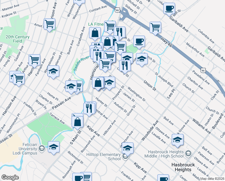 map of restaurants, bars, coffee shops, grocery stores, and more near 46 Spring Street in Lodi