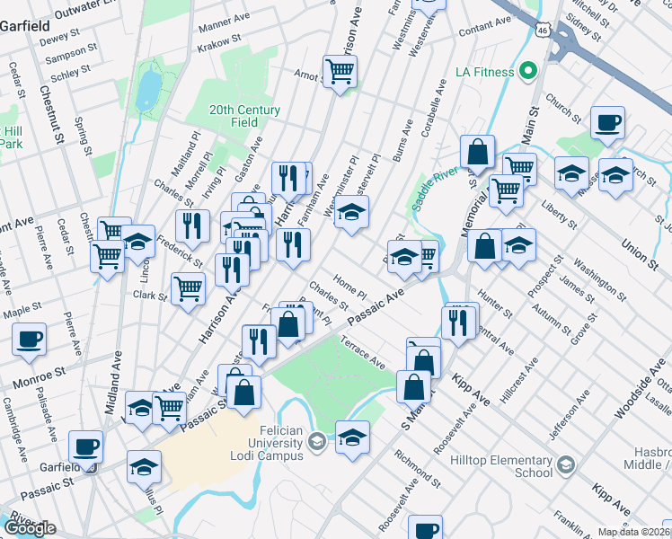 map of restaurants, bars, coffee shops, grocery stores, and more near 13 Home Place in Lodi