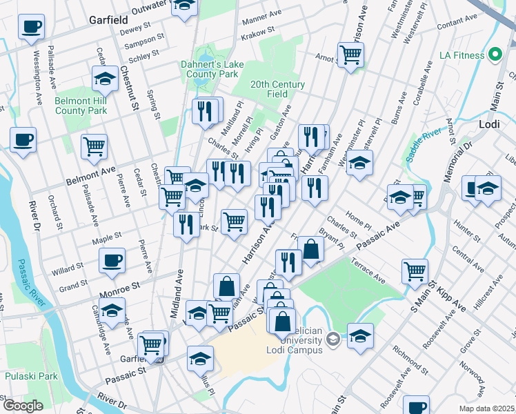 map of restaurants, bars, coffee shops, grocery stores, and more near 107 Frederick Street in Garfield