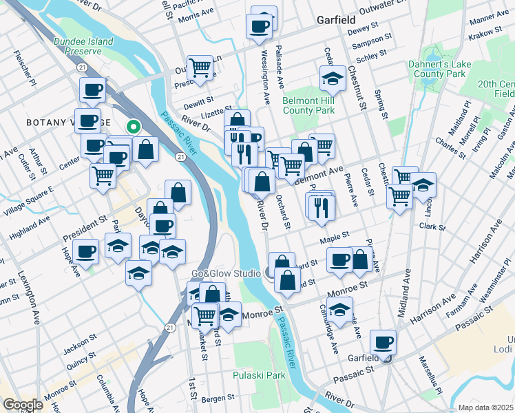 map of restaurants, bars, coffee shops, grocery stores, and more near 463 River Drive in Garfield
