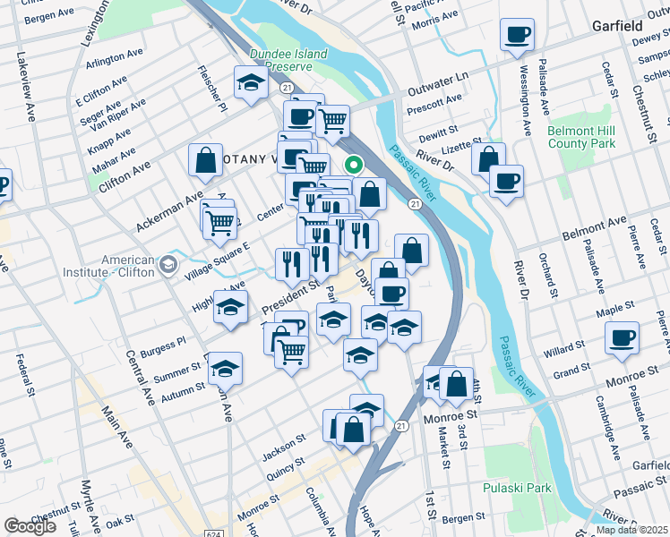map of restaurants, bars, coffee shops, grocery stores, and more near 106 President Street in Passaic
