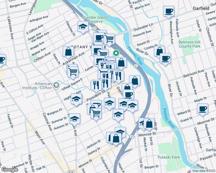 map of restaurants, bars, coffee shops, grocery stores, and more near 106 President Street in Passaic