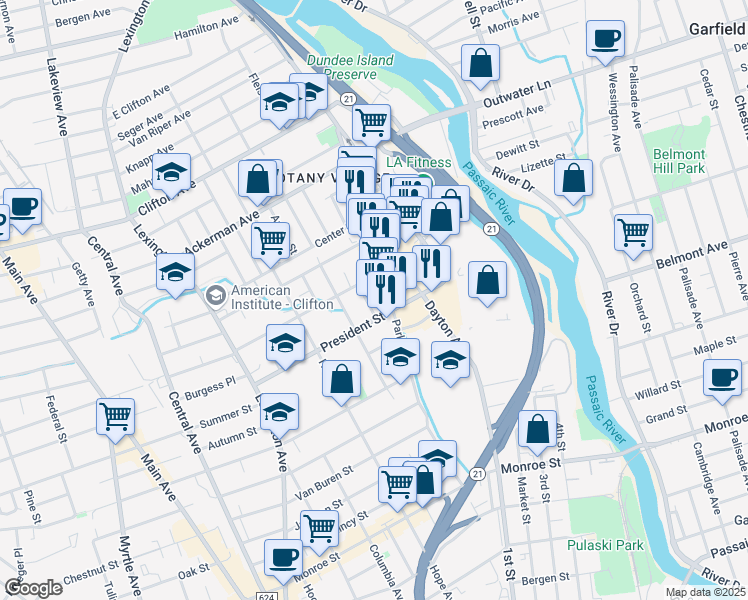 map of restaurants, bars, coffee shops, grocery stores, and more near 13A Allen Street in Passaic
