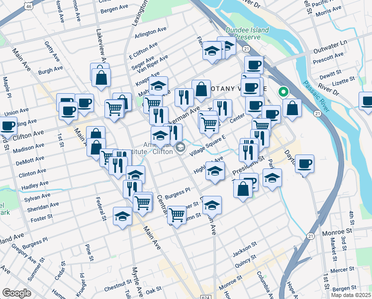 map of restaurants, bars, coffee shops, grocery stores, and more near 153 Center Street in Clifton