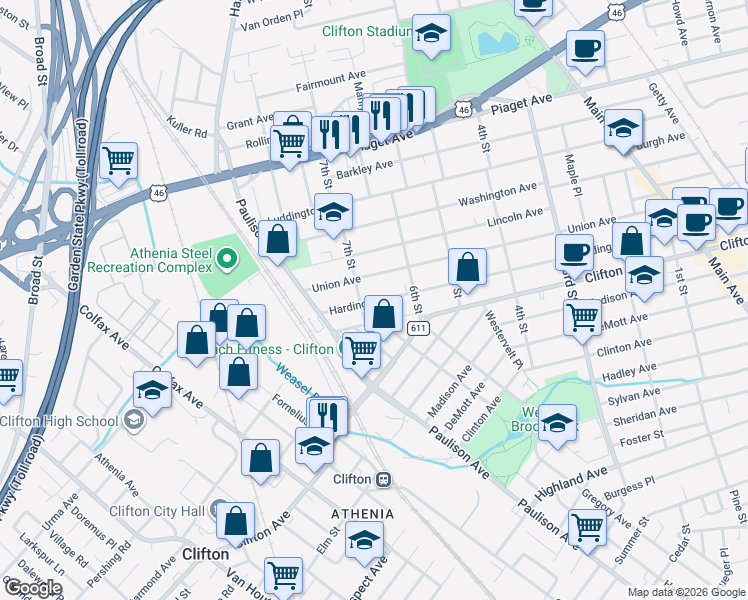 map of restaurants, bars, coffee shops, grocery stores, and more near 353 Harding Avenue in Clifton