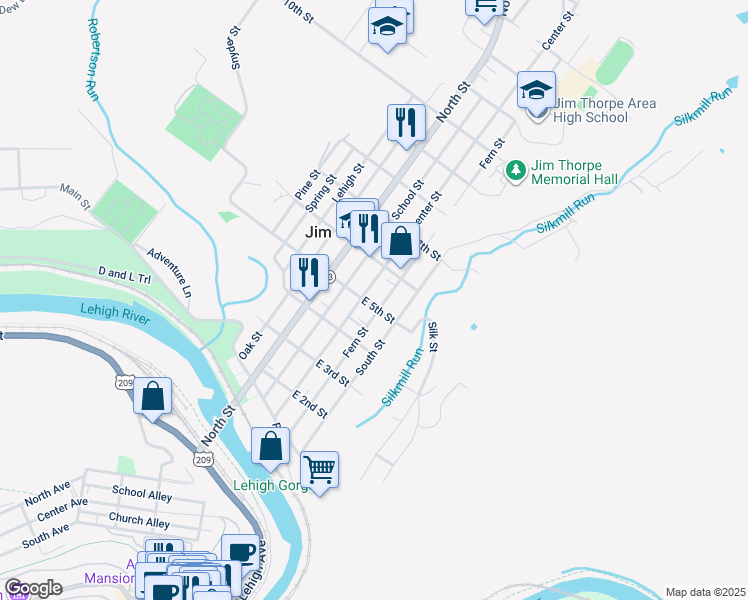map of restaurants, bars, coffee shops, grocery stores, and more near 507 South Street in Jim Thorpe