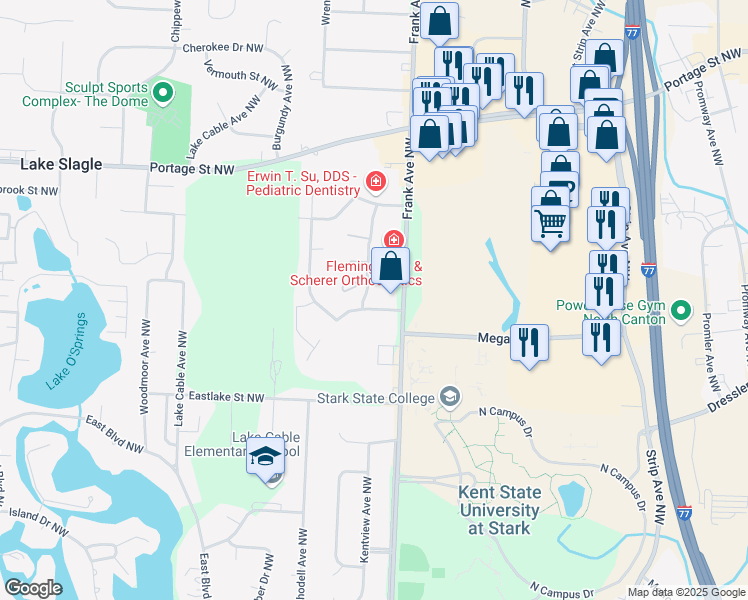map of restaurants, bars, coffee shops, grocery stores, and more near 5101 Softwind Avenue Northwest in North Canton