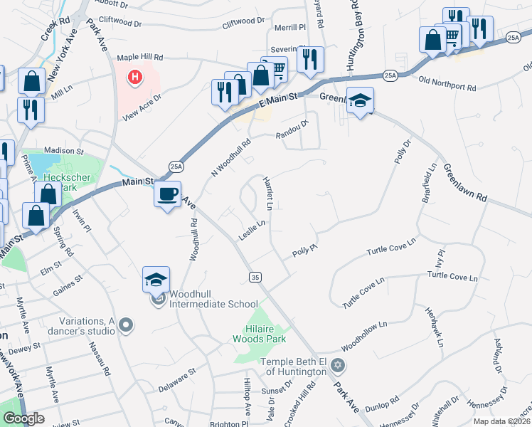 map of restaurants, bars, coffee shops, grocery stores, and more near 37 Harriet Lane in Huntington