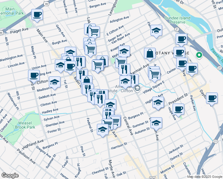 map of restaurants, bars, coffee shops, grocery stores, and more near 107 Russell Street in Clifton