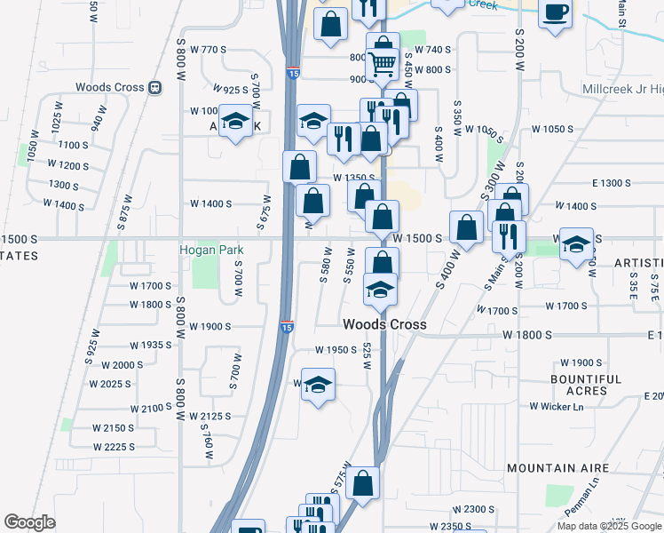 map of restaurants, bars, coffee shops, grocery stores, and more near 1609 South 580 West in Woods Cross