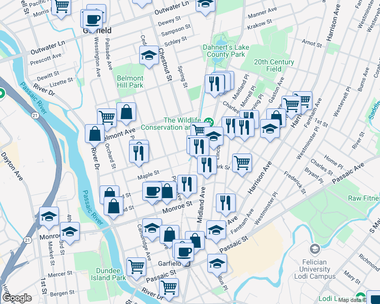 map of restaurants, bars, coffee shops, grocery stores, and more near 160 Van Winkle Avenue in Garfield