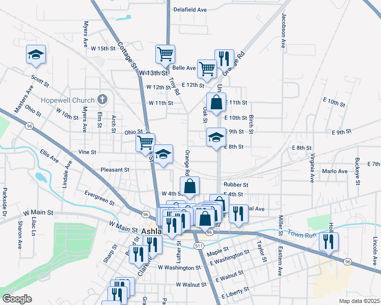 map of restaurants, bars, coffee shops, grocery stores, and more near 719 Orange Street in Ashland