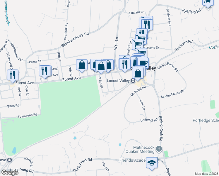 map of restaurants, bars, coffee shops, grocery stores, and more near 51 South 5th Street in Locust Valley