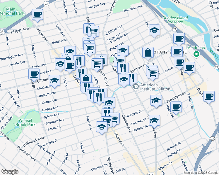 map of restaurants, bars, coffee shops, grocery stores, and more near 111 Russell Street in Clifton
