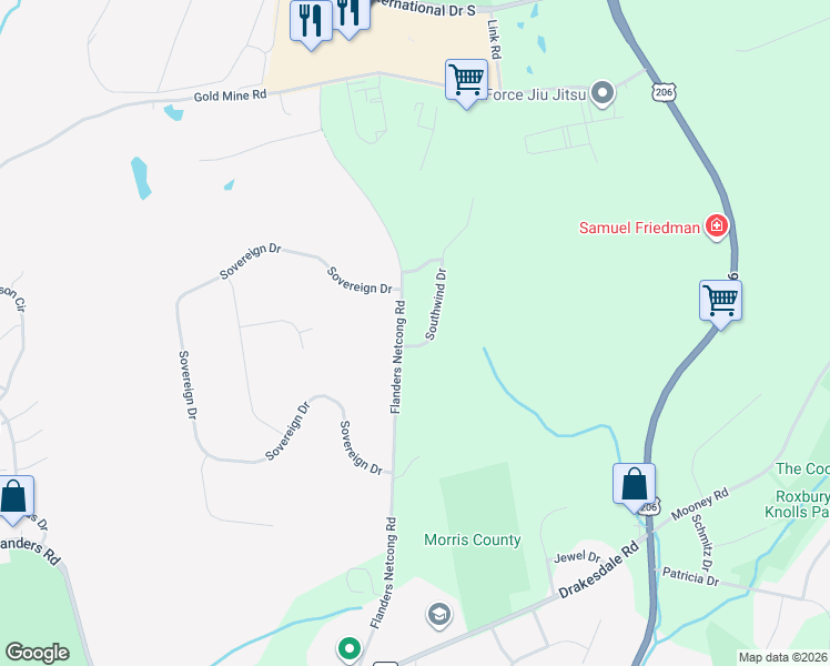 map of restaurants, bars, coffee shops, grocery stores, and more near 1 Southwind Drive in Mount Olive