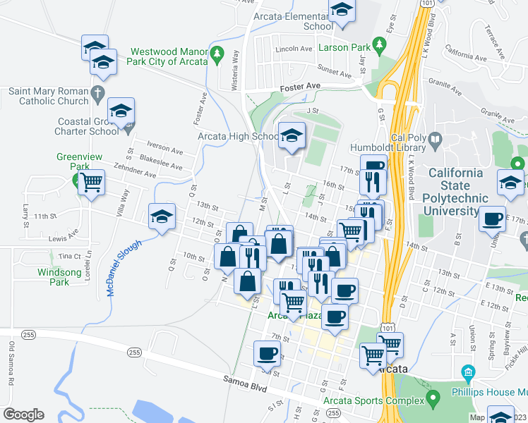 map of restaurants, bars, coffee shops, grocery stores, and more near 1450 M Street in Arcata