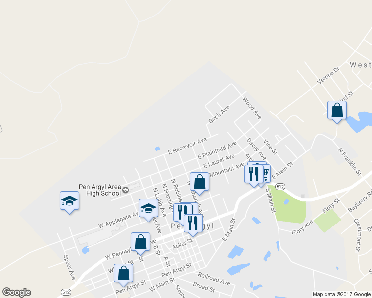 map of restaurants, bars, coffee shops, grocery stores, and more near 114 East Reservoir Avenue in Pen Argyl