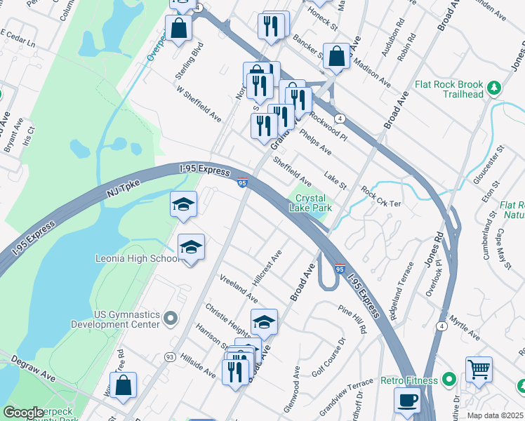 map of restaurants, bars, coffee shops, grocery stores, and more near 135 Lakeview Avenue in Leonia
