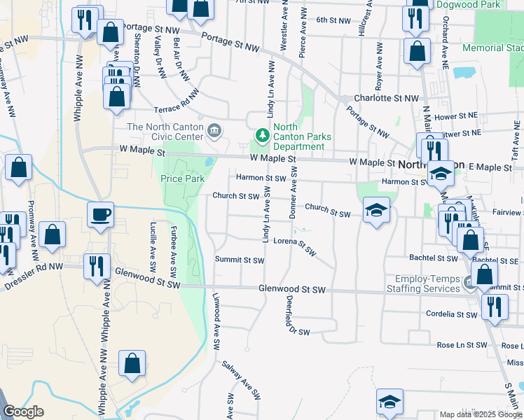 map of restaurants, bars, coffee shops, grocery stores, and more near 311 Lindy Lane Avenue Southwest in North Canton