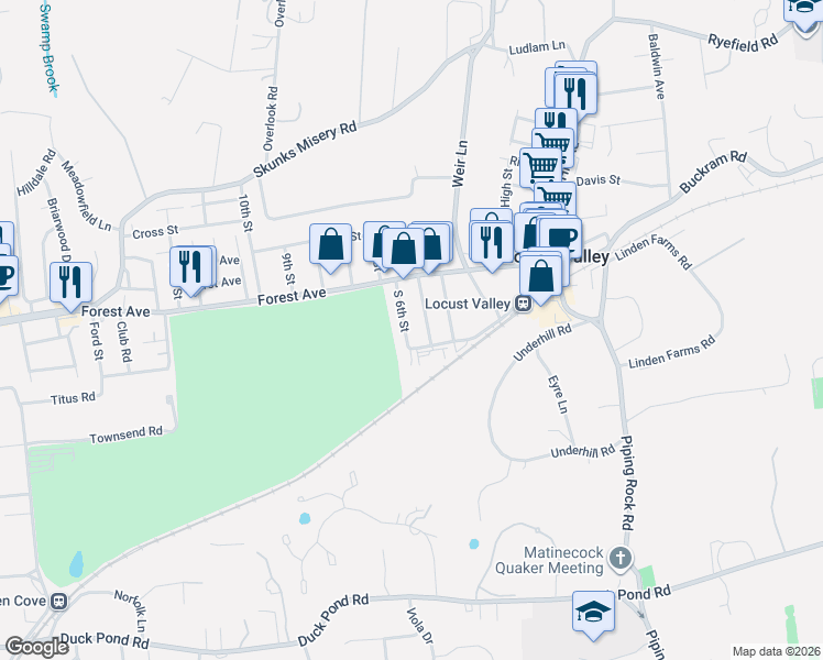 map of restaurants, bars, coffee shops, grocery stores, and more near 59 South 5th Street in Locust Valley
