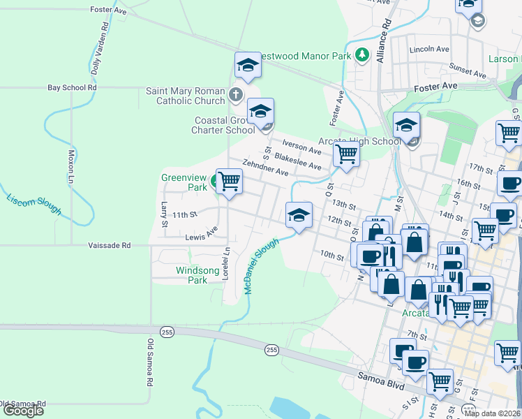 map of restaurants, bars, coffee shops, grocery stores, and more near 1943-1977 11th Street in Arcata