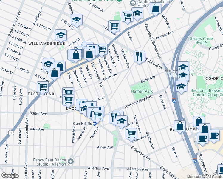 map of restaurants, bars, coffee shops, grocery stores, and more near 3220 Mickle Avenue in The Bronx