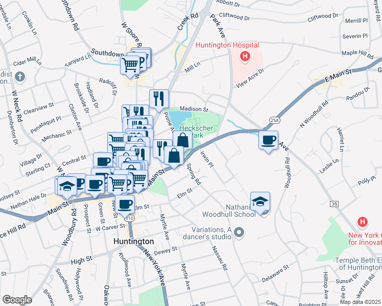 map of restaurants, bars, coffee shops, grocery stores, and more near 137 Main Street in Huntington