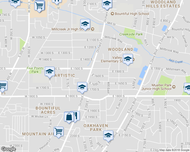 map of restaurants, bars, coffee shops, grocery stores, and more near East 1600 South in Bountiful