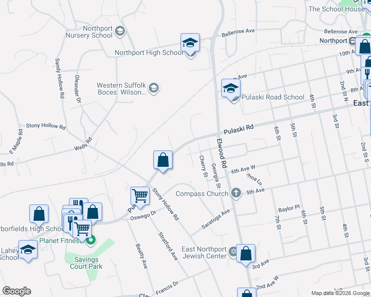 map of restaurants, bars, coffee shops, grocery stores, and more near 7 Williams Street in East Northport